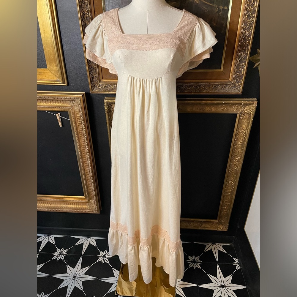 Vintage 60s 70s Oops California Cream Ruffle Sleeve Maxi Dress XS/S